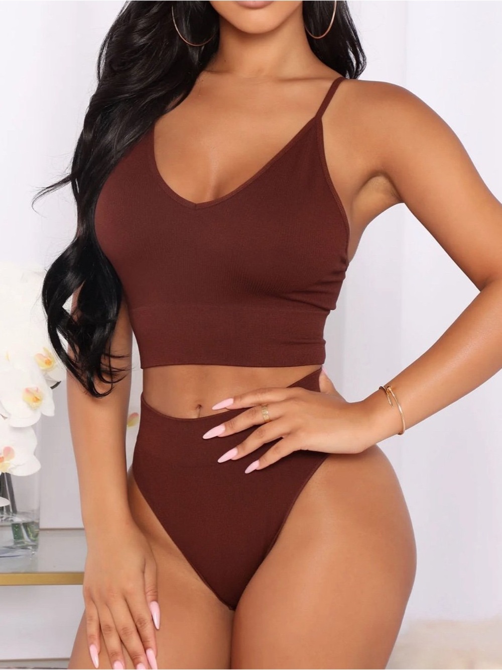 Mocha Brown Seamless Ribbed Set - Picture 6 of 11